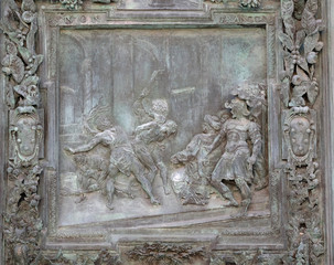 Wall Mural - Flagellation of Jesus Christ, panel from Giambologna's school, right portal panel of the Cathedral in Pisa, Italy