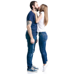 Man and woman couple hug kissing on white background isolation