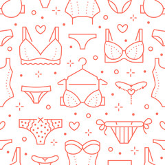 Lingerie seamless pattern with flat line icons of bra types, panties. Woman underwear background, vector illustrations of brassiere, bikini, swimwear. Cute red white wallpaper for clothes store