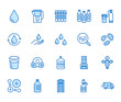 © nadiinko - Water drop flat line icons set. Aqua filter, softener, ionization, disinfection, glass vector illustrations. Thin signs for bottle delivery. Pixel perfect 64x64. Editable Strokes