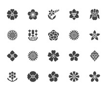 Flowers Flat Glyph Icons. Beautiful Garden Plants - Sunflower, Poppy, Cherry Flower, Lavender, Gerbera, Plumeria, Hydrangea Blossom. Signs For Floral Store. Solid Silhouette Pixel Perfect 64x64