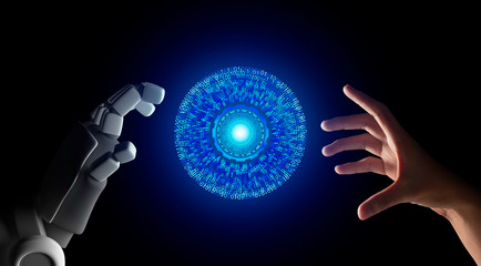 Fototapete - Human hand and robot hand with HUD circle interface and binary number code on black screen background, artificial intelligence, AI, in futuristic digital technology concept, 3d illustration