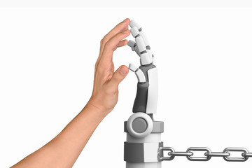 Poster - human hand and robot hand in chain isolated on white background, artificial intelligence, ai, in fut