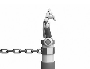 Wall Mural - Robot hand in chain isolated on white background, artificial intelligence, AI, in futuristic technology and business concept. 3d illustration