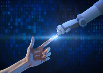 Fototapete - Human hand and robot hand with binary number code and light on blue screen background, artificial intelligence, AI, in futuristic digital technology concept, 3d illustration