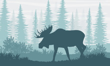 Silhouette. Elk With Big Horns On The Background Of Canadian Fir Trees. The Nature Of Canada, USA, Scandinavia And Europe. Realistic Vector Landscape.