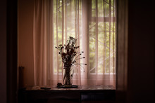 Flower Arrangement Bouquet In Dark Rustic House Home By Window On Windowsill Silhouette And Curtains On Table In Farm Cottage House
