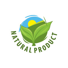 Wall Mural - Green leaves vector logo for organic, natural, eco or bio products, isolated on a white background, the sun