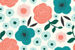 seamless floral pattern with vector hand-drawn flowers in teal, pink, coral and aqua on a cream background