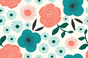 seamless floral pattern with vector hand-drawn flowers in teal, pink, coral and aqua on a cream background