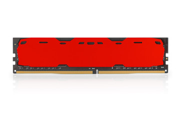 Modern red DDR RAM memory module isolated with clipping path