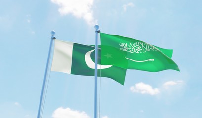 Saudi Arabia and Pakistan, two flags waving against blue sky. 3d image