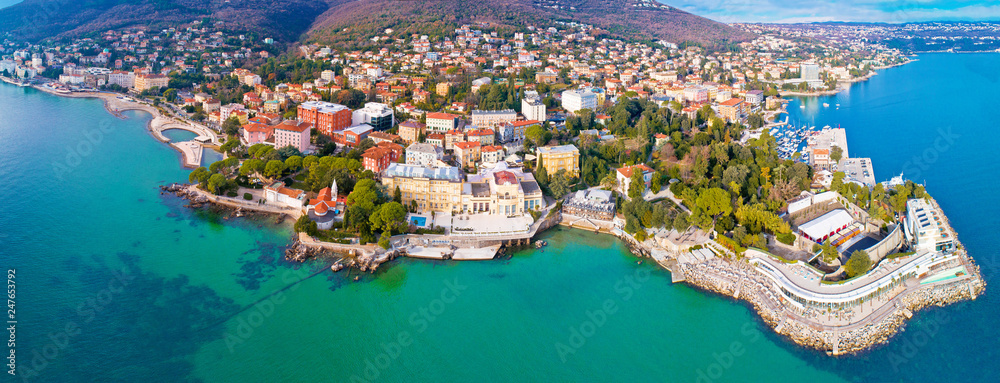 Town of Opatija and Lungomare sea walkway aerial panoramic view - obrazy, fototapety, plakaty 