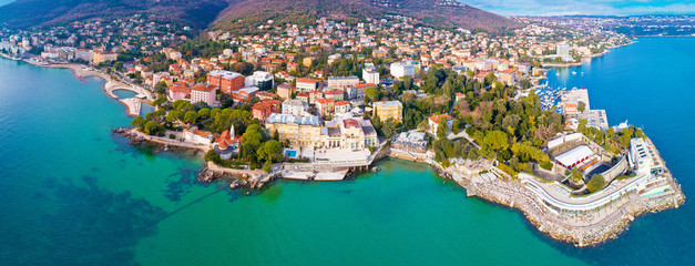 Town of Opatija and Lungomare sea walkway aerial panoramic view