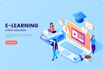 Online education vector illustration. E-learning platform. Workplace with laptop, books, graduation cap, cup of coffee and tiny people. Isometric style. Online school advertising. Learning process.