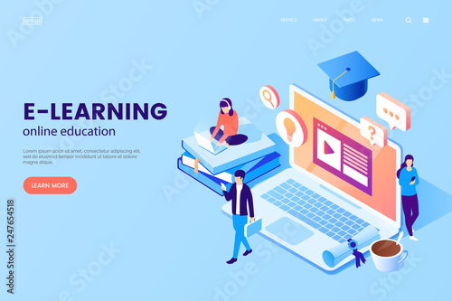 Online Education Vector Illustration E Learning Platform Workplace With Laptop Books Graduation Cap Cup Of Coffee And Tiny People Isometric Style Online School Advertising Learning Process Buy This Stock Vector And Explore