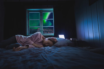 Wall Mural - the polar arctic northern lights aurora borealis sky star in norway travel blogger girl man svalbard