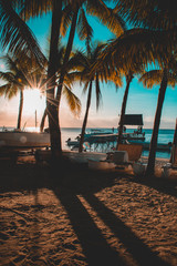 Wall Mural - Beautiful sunset in Trou aux Biches, Mauritius. View of the jetty and boats amidst palm trees