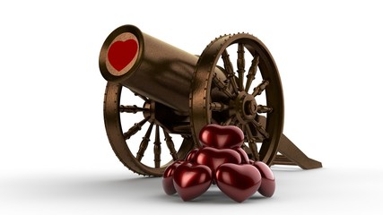 Poster - 3D illustration of an ancient cannon firing Valentine's symbols, red and gold hearts. The idea of Valentine's day, Valentine's day. 3D rendering isolated on white background.