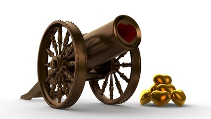 Poster - 3D illustration of an ancient cannon firing Valentine's symbols, red and gold hearts. The idea of Valentine's day, Valentine's day. 3D rendering isolated on white background.
