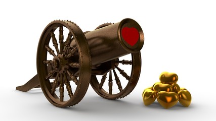 Poster - 3D illustration of an ancient cannon firing Valentine's symbols, red and gold hearts. The idea of Valentine's day, Valentine's day. 3D rendering isolated on white background.