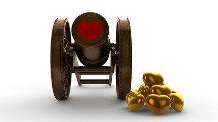 Poster - 3D illustration of an ancient cannon firing Valentine's symbols, red and gold hearts. The idea of Valentine's day, Valentine's day. 3D rendering isolated on white background.