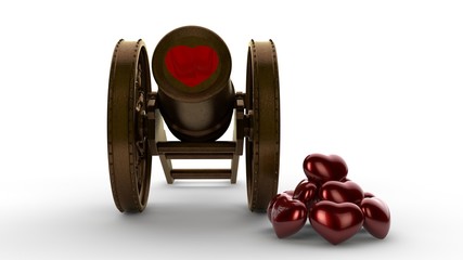 Poster - 3D illustration of an ancient cannon firing Valentine's symbols, red and gold hearts. The idea of Valentine's day, Valentine's day. 3D rendering isolated on white background.