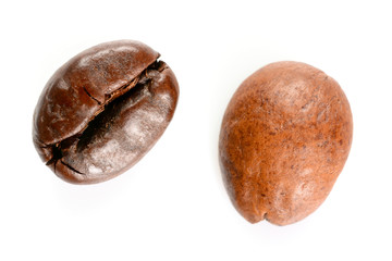 Coffee beans. Two different roasted coffee beans maccro view, close up, isolated on white background.