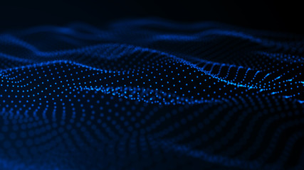 Poster - virtual waveform of particles in blue space. big data visualization. science. futuristic polygonal b