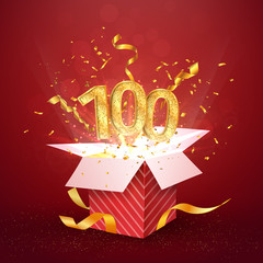 100 th years number anniversary and open gift box with explosions confetti isolated design element. Template hundred hundredth birthday celebration on red background vector Illustration.