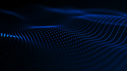 Poster - virtual waveform of particles in blue space. big data visualization. science. futuristic polygonal b