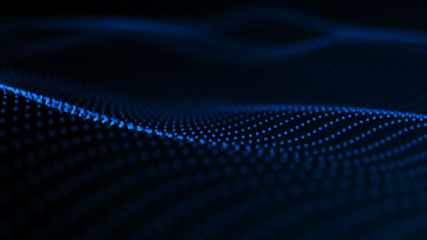 Poster - virtual waveform of particles in blue space. big data visualization. science. futuristic polygonal b