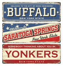Vintage City Label. Vintage Tin Sign Collection With US Cities. Buffalo. Saratoga. Yonkers. New York. Retro Souvenirs Or Postcard Templates On Rust Background In New York State.