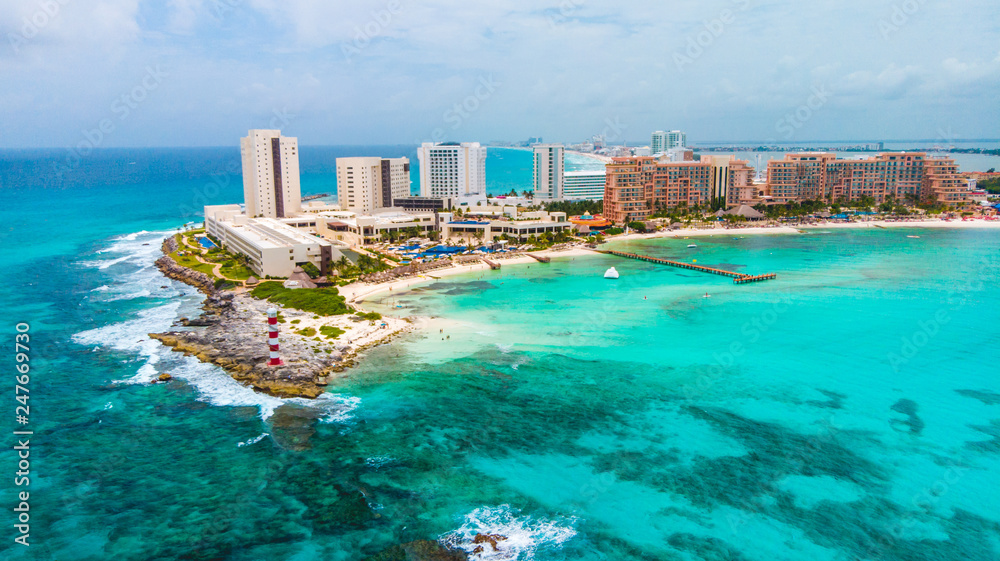 Aerial view of Punta Norte beach, Cancun, México - obrazy, fototapety, plakaty 