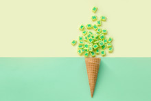 Fashion Food Set Of Ice Cream Cone With Clover Shaped Marshmallows On Top , Minimalistic Design.