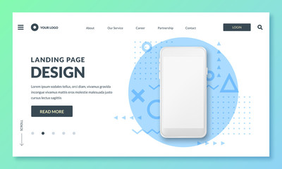 landing page banner template. smartphone realistic 3d illustration, mobile interface concept. vector
