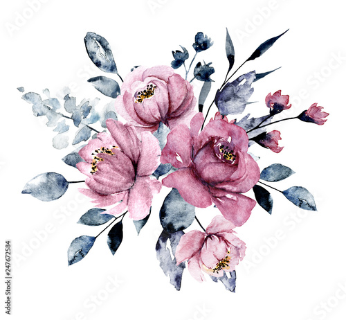 Watercolor pink flowers, grey leaves. Bouquet, floral illustration isolated o...