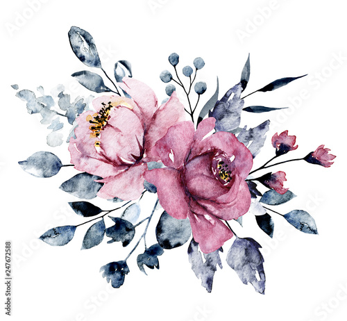 Watercolor pink flowers, grey leaves. Bouquet, floral illustration isolated o...