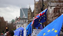 Flags Of The European Union And Great Britain Flying At A Brexit March In London