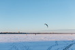 Outdoor photo of people involved in snow kiting/ winter kiting, kite skiing extreme sports, snow field with kite, frozen lake, frosty winter day, blue sky without clouds/ winter season concept.