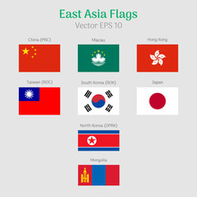 East Asia Flags Set. China, Macau, Hong Kong, Taiwan, South Korea, Japan, North Korea, Mongolia. Vector EPS 10.
