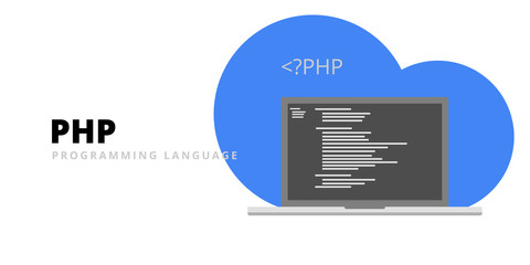 Wall Mural - Learn to code PHP web programming language with script code on laptop screen, php framework programming language code illustration - Vector