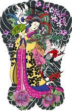 Traditional Japanese Tattoo Style.Japanese Women In Kimono With Her Cat And Old Dragon.Hand Drawn Geisha Girl And Kitten On Back Tattoo.Old Dragon With Peony Flower And Chrysanthemum On Background.