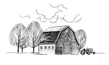 Old Barn And Trees. Ink Black And White Illustration