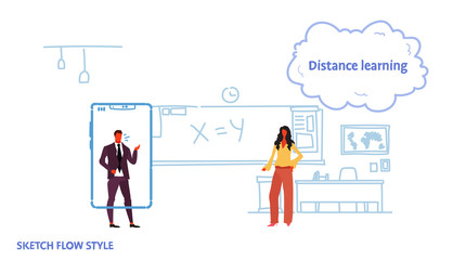 Poster - math teacher teaching business man using mobile application standing smartphone screen distance learning concept classroom interior sketch flow style horizontal