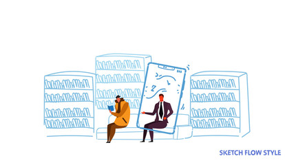 Poster - two men sitting couch reading book and using mobile app listening audio book e-learning education co