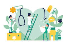 Doctors, General Practitioners Working. Professional Clinic Examination Of Giant Heart, Hospital Equipment And Tools. Medicine And Healthcare Concept. Vector Illustration With Faceless Characters