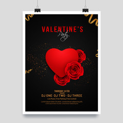 Wall Mural - glossy red heart shape and rose flower illustration on black background for valentine's day flyer or