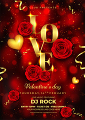 Wall Mural - shiny golden typography of love on red bokeh background decorated with rose flowers for valentine's 