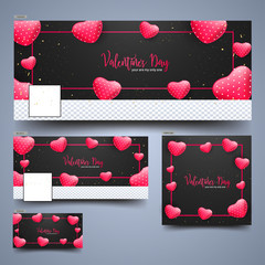 Wall Mural - red glossy heart shapes on black background for valentine's day header or banner set.